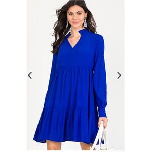 Karlie‎ Royal Blue Tiered Babydoll Dress L NWT Long Sleeve Coastal Grandmother